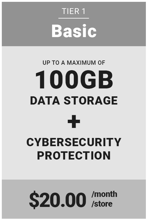 Tier one package - Basic - 100GB Storage with Cybersecurity protection is $20.00 per store per month